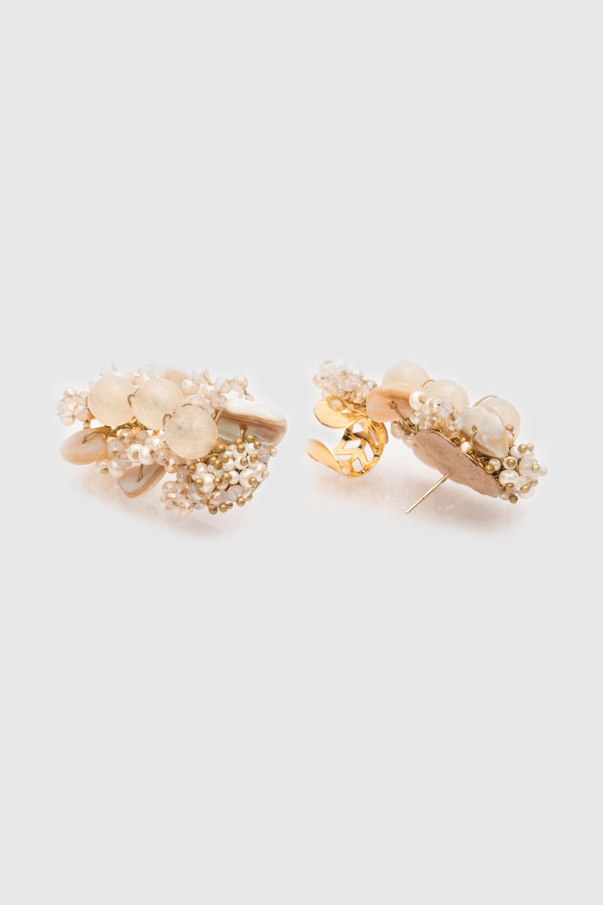 Gold Finish Beige & White Crystal Stud Earrings