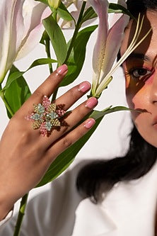 Gold Finish Multi-Colored Beaded Floral Ring