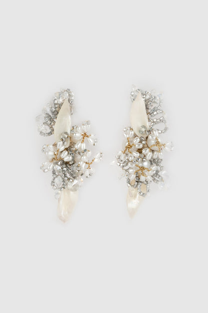 White Finish Bead & Pearl Stud Earrings