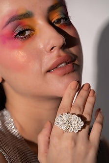 White Finish Beaded & Pearl Floral Ring