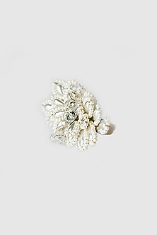 White Finish Beaded & Pearl Floral Ring