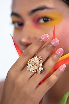 Gold Finish Beige Crystal Ring