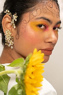 Gold Finish Orchid Floral Dangler Earrings