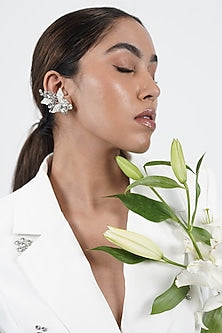 Gold Finish White Pearl & Beaded Leaf Stud Earrings