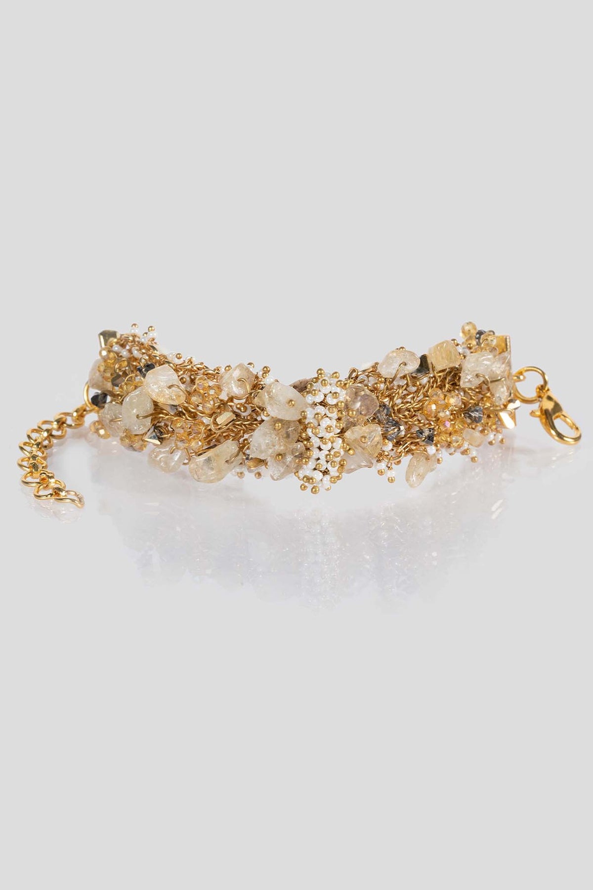 Gold Finish White Bead & Agate Floral Bracelet