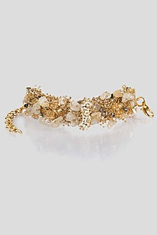 Gold Finish White Bead & Agate Floral Bracelet