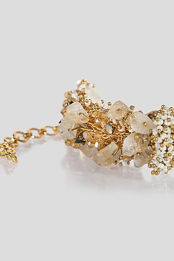 Gold Finish White Bead & Agate Floral Bracelet