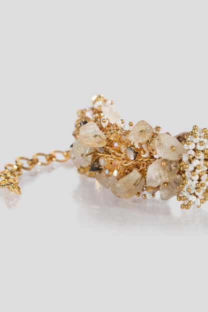 Gold Finish White Bead & Agate Floral Bracelet