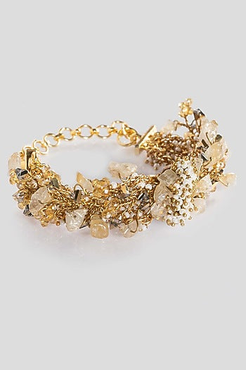 Gold Finish White Bead & Agate Floral Bracelet