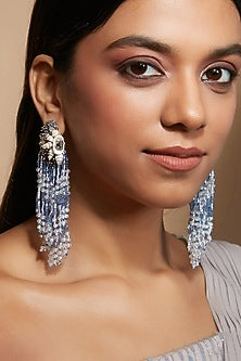 Silver Finish Blue Synthetic Stone Tassel Earrings
