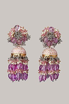 Gold Finish Magenta Pink Jhumka Earrings