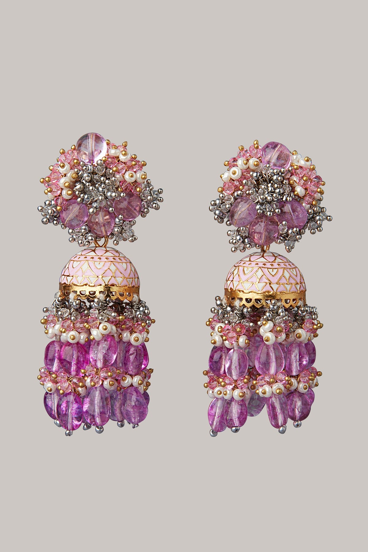 Gold Finish Magenta Pink Jhumka Earrings