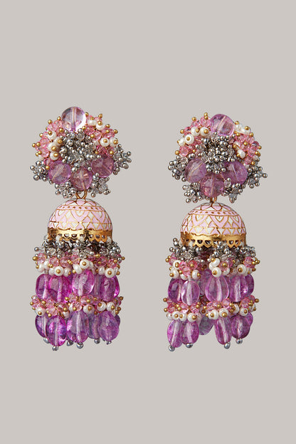 Gold Finish Magenta Pink Jhumka Earrings