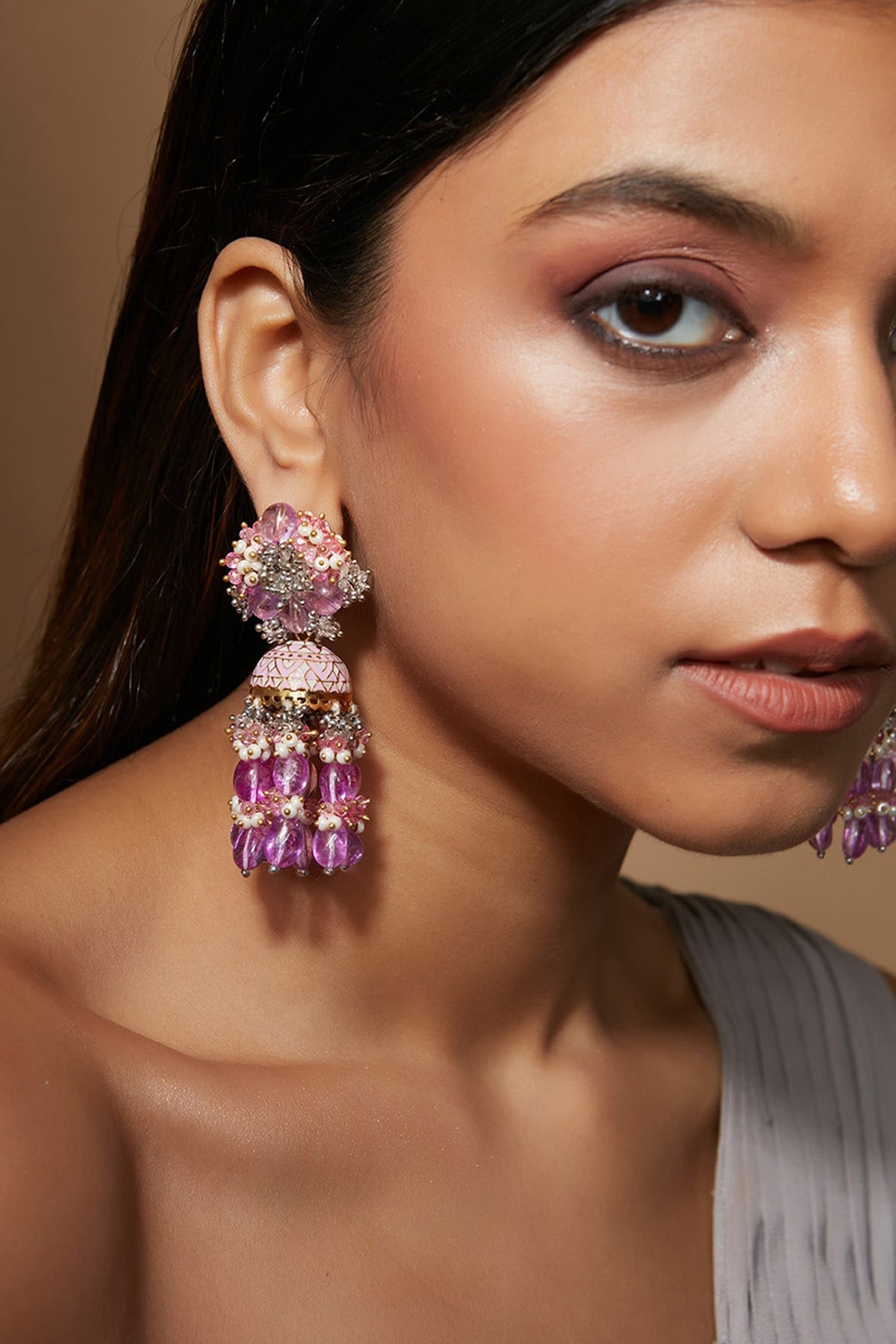 Gold Finish Magenta Pink Jhumka Earrings