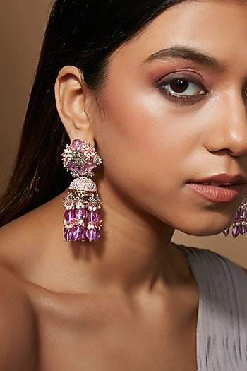 Gold Finish Magenta Pink Jhumka Earrings