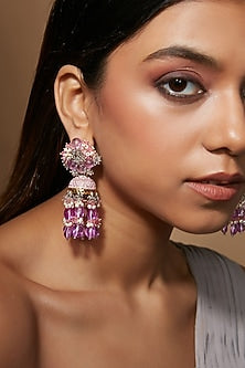 Gold Finish Magenta Pink Jhumka Earrings