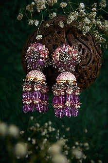 Gold Finish Magenta Pink Jhumka Earrings