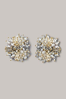 Gold Finish Stud Earrings With Shell Pearls