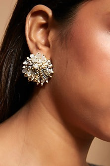 Gold Finish Stud Earrings With Shell Pearls