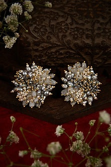Gold Finish Stud Earrings With Shell Pearls