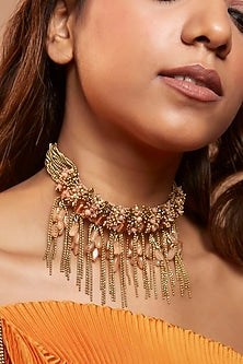 Gold Finish Pink Agate & Pearl Choker Necklace