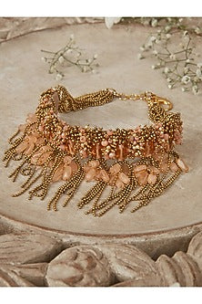 Gold Finish Pink Agate & Pearl Choker Necklace