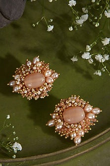 Gold Finish Peach Stone Stud Earrings