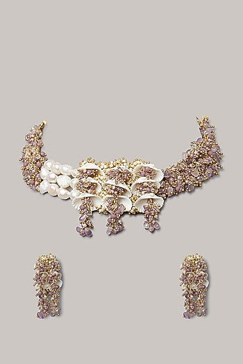 Gold Finish Shell & Agate Choker Necklace Set