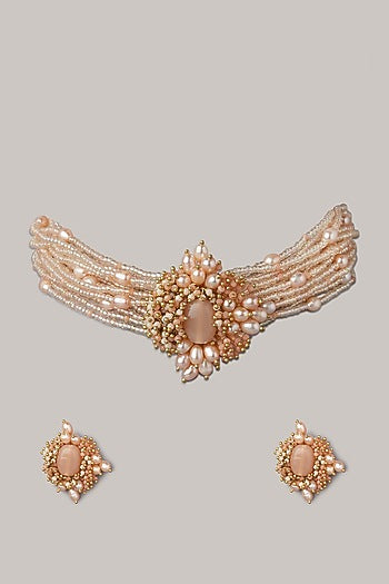 Gold Finish Peach & Gold Shell Pearl Choker Necklace Set