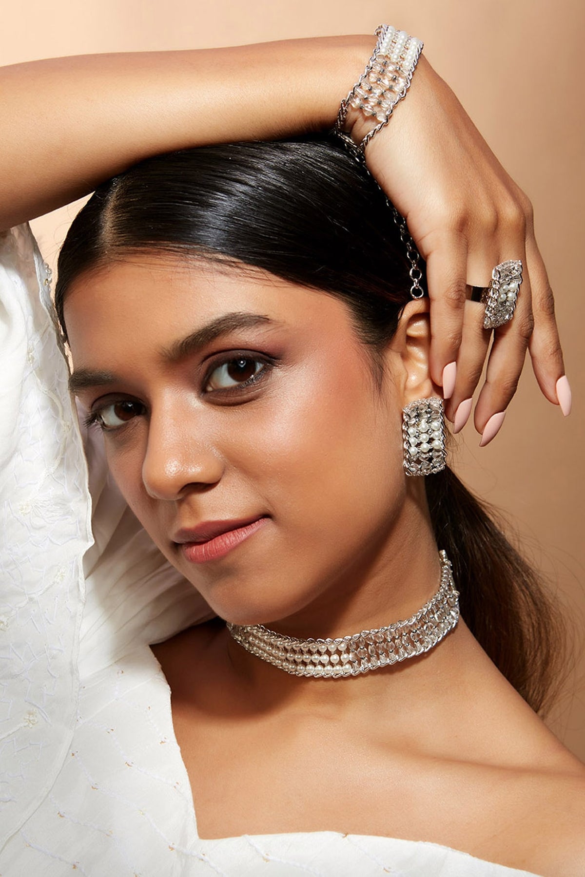 Silver Finish Vintage Pearl Choker Necklace Set