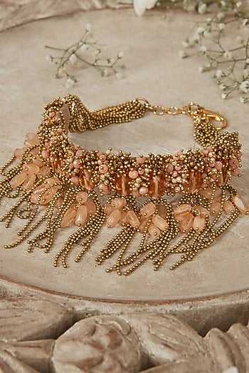 Gold Finish Stone & Pearl Choker Necklace