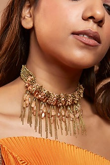 Gold Finish Stone & Pearl Choker Necklace