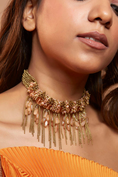 Gold Finish Stone & Pearl Choker Necklace