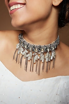 Silver Finish Black & Silver Stone Choker Necklace