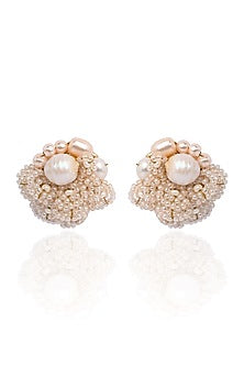 Gold Finish Mother Of Pearl Floral Stud Earrings