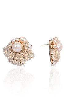 Gold Finish Mother Of Pearl Floral Stud Earrings