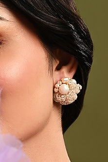 Gold Finish Mother Of Pearl Floral Stud Earrings