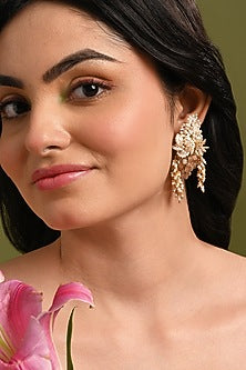 Gold Finish Freshwater Pearl Floral Dangler Earrings