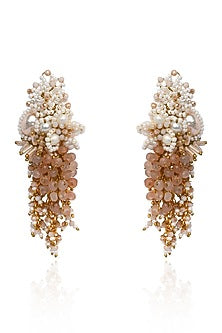 Gold Finish Freshwater Pearl Floral Dangler Earrings