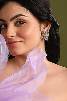 Gold Finish Multi-Colored Stone Floral Stud Earrings