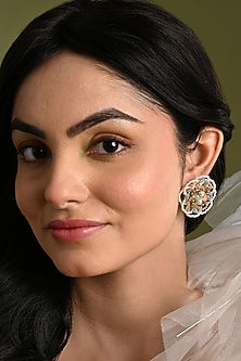 Gold Finish Multi-Colored Quartz Stone Floral Stud Earrings