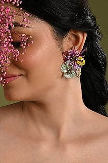 Gold Finish Multi-Colored Crystal Floral Stud Earrings