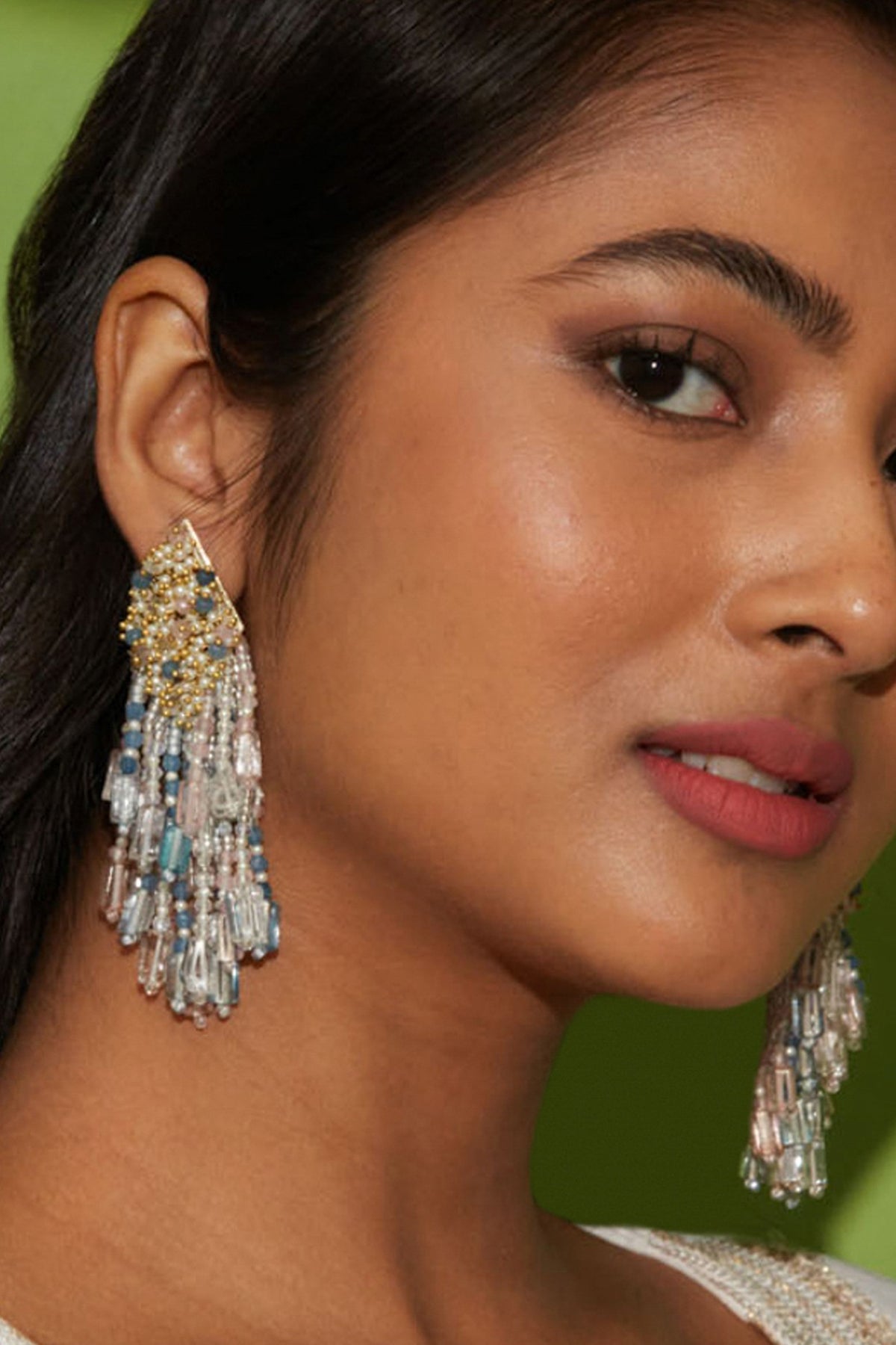 Gold Finish Beaded Long Earrings