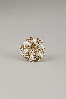 Gold Finish Drop Pearl & Beaded Floral Ring