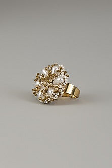 Gold Finish Drop Pearl & Beaded Floral Ring