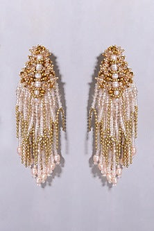 Gold Finish Long Earrings With Crystal Pink Pearls