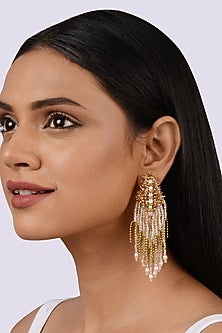 Gold Finish Long Earrings With Crystal Pink Pearls