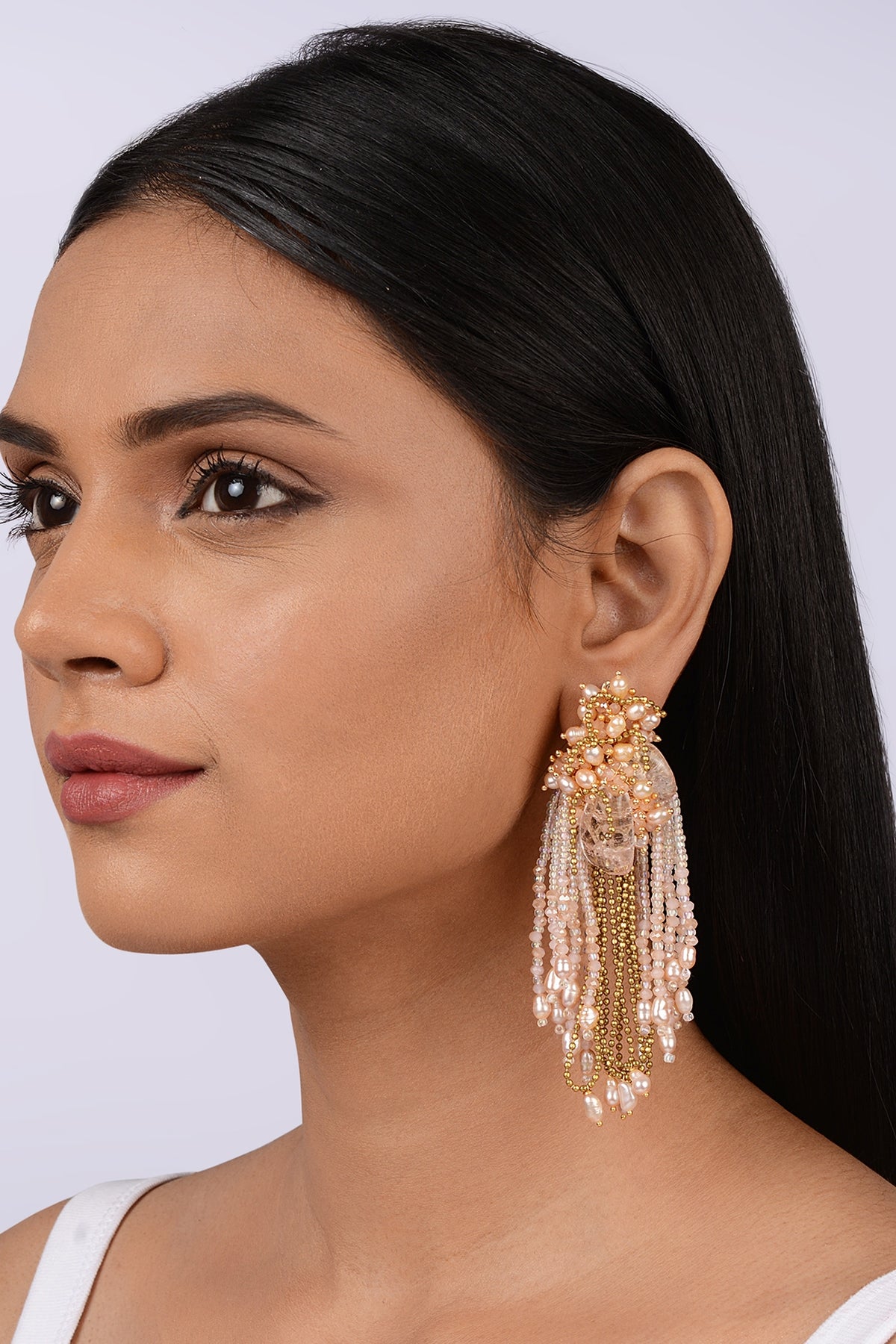 Gold Finish Pink Pearl Dangler Earrings