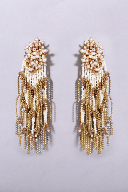 Gold Finish Gold & White Shell Pearl Dangler Earrings