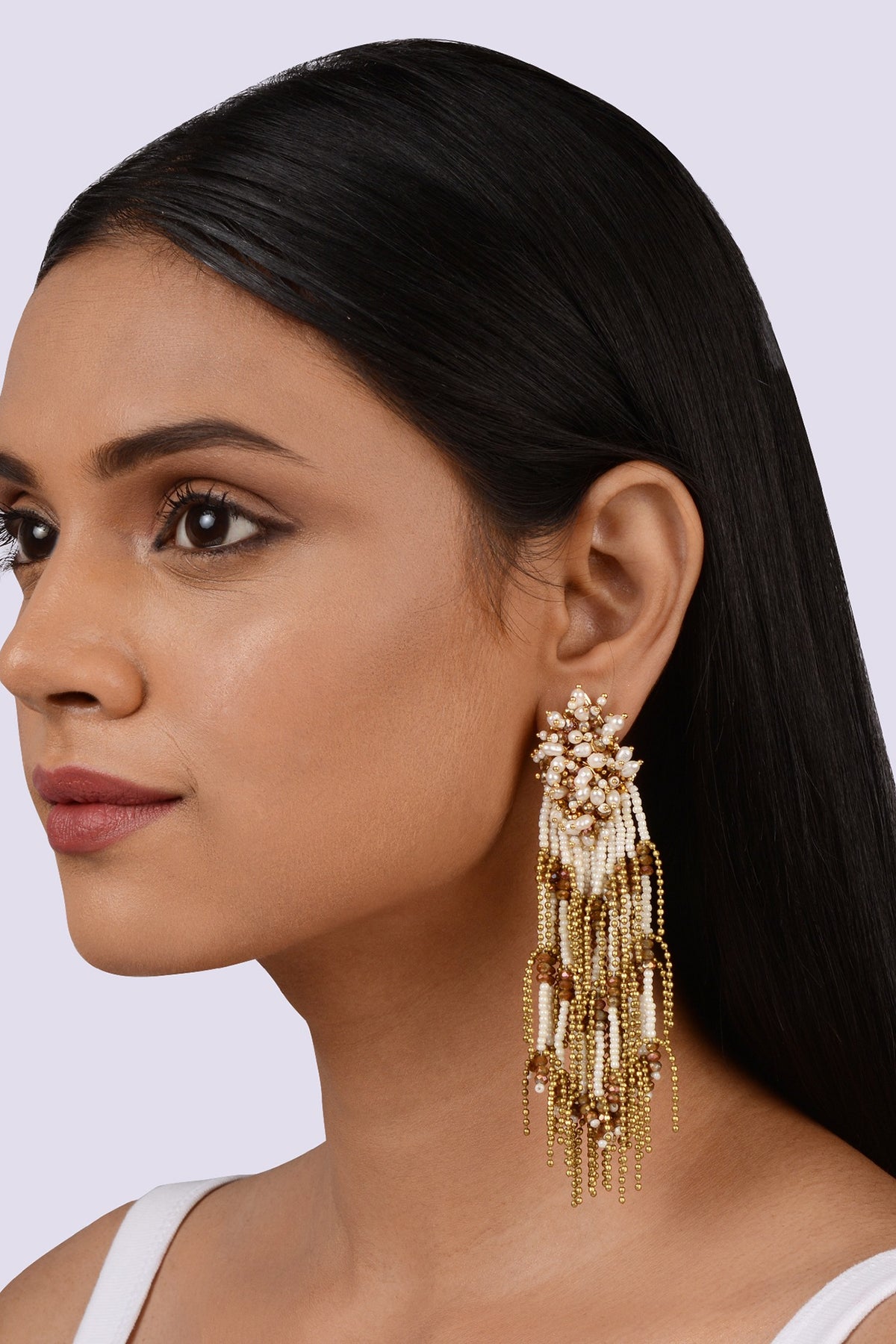 Gold Finish Gold & White Shell Pearl Dangler Earrings